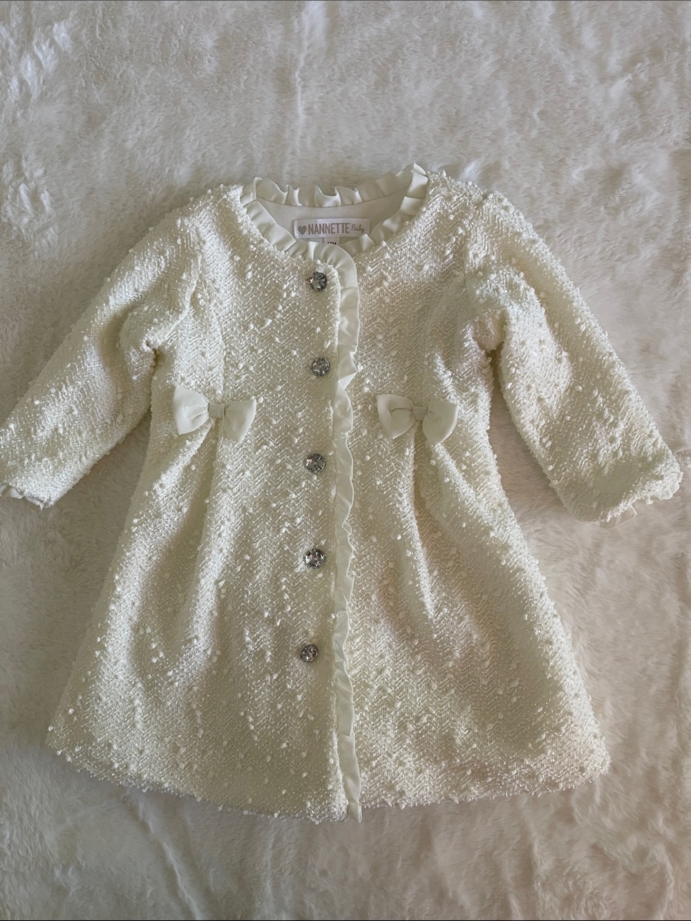 Nanette Baby Ivory Textured Bow-Trim Pea Coat SZ 12 months
